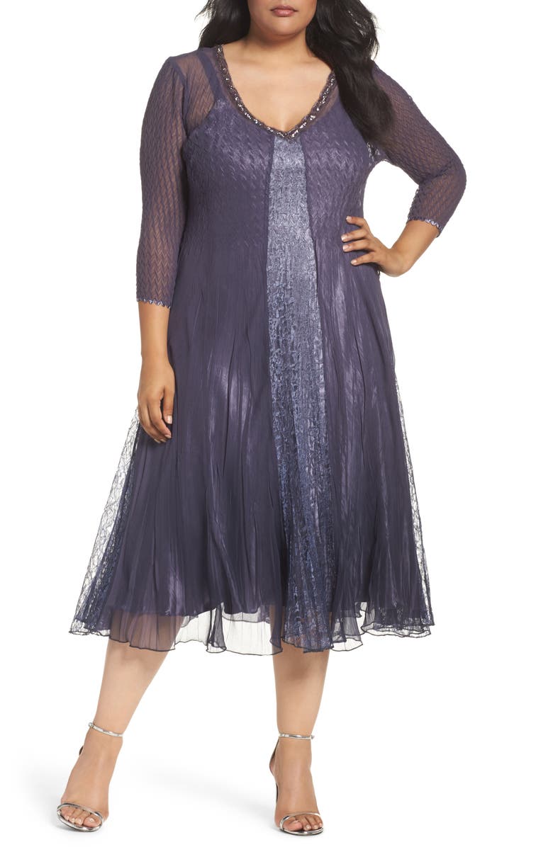 Komarov Embellished Lace & Chiffon A-Line Midi Dress (Plus Size