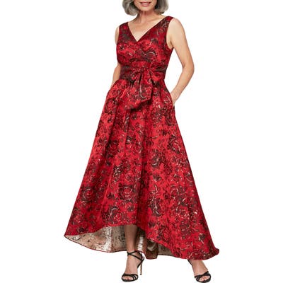 Alex Evenings Floral Ballgown, Red