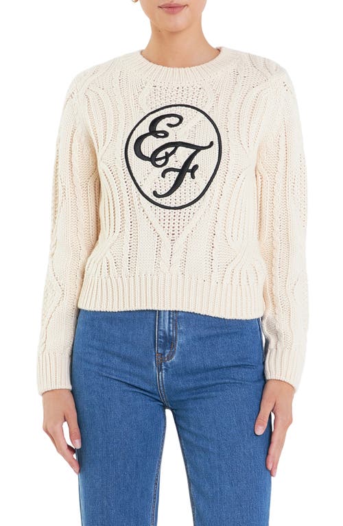 Shop English Factory Sports Club Logo Embroidered Cable Stitch Sweater In Ivory