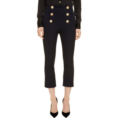Balmain Button Detail Crop Flare Wool Pants, 46 FR - Blue