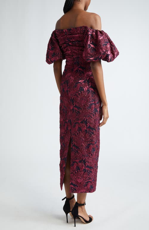 Shop Lela Rose Sunflower Off The Shoulder Puff Sleeve Brocade Gown In Navy/pink