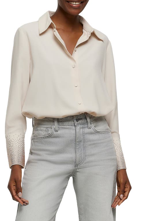 Hotfix Crystal Cuff Satin Button-Up Shirt in Ivory