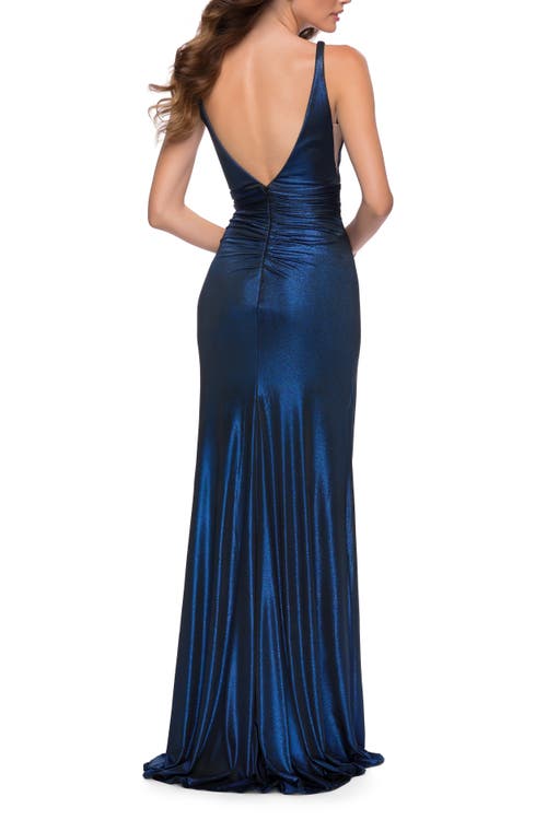 La Femme Metallic Ruffle Jersey Gown In Navy