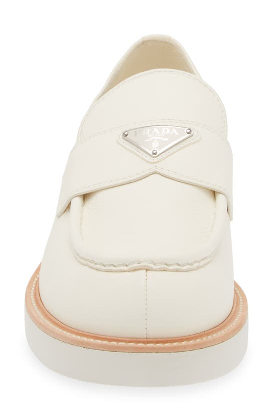 Shop Prada Logo Leather Loafer In Avorio