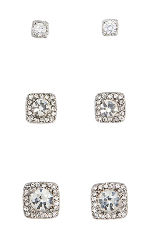 Set of 3 Square Halo Cubic Zirconia Stud Earrings