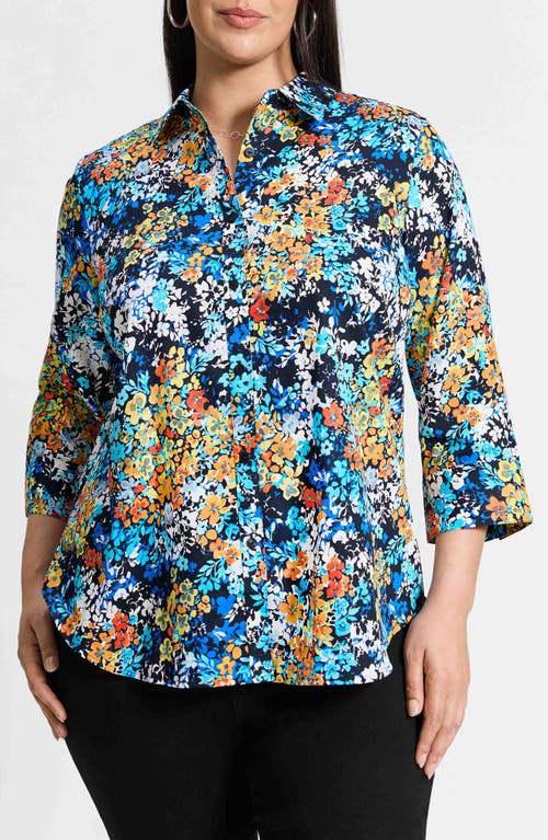 Foxcroft Margie Floral Three-Quarter Sleeve Cotton Button-Up Shirt Blue Multi at Nordstrom