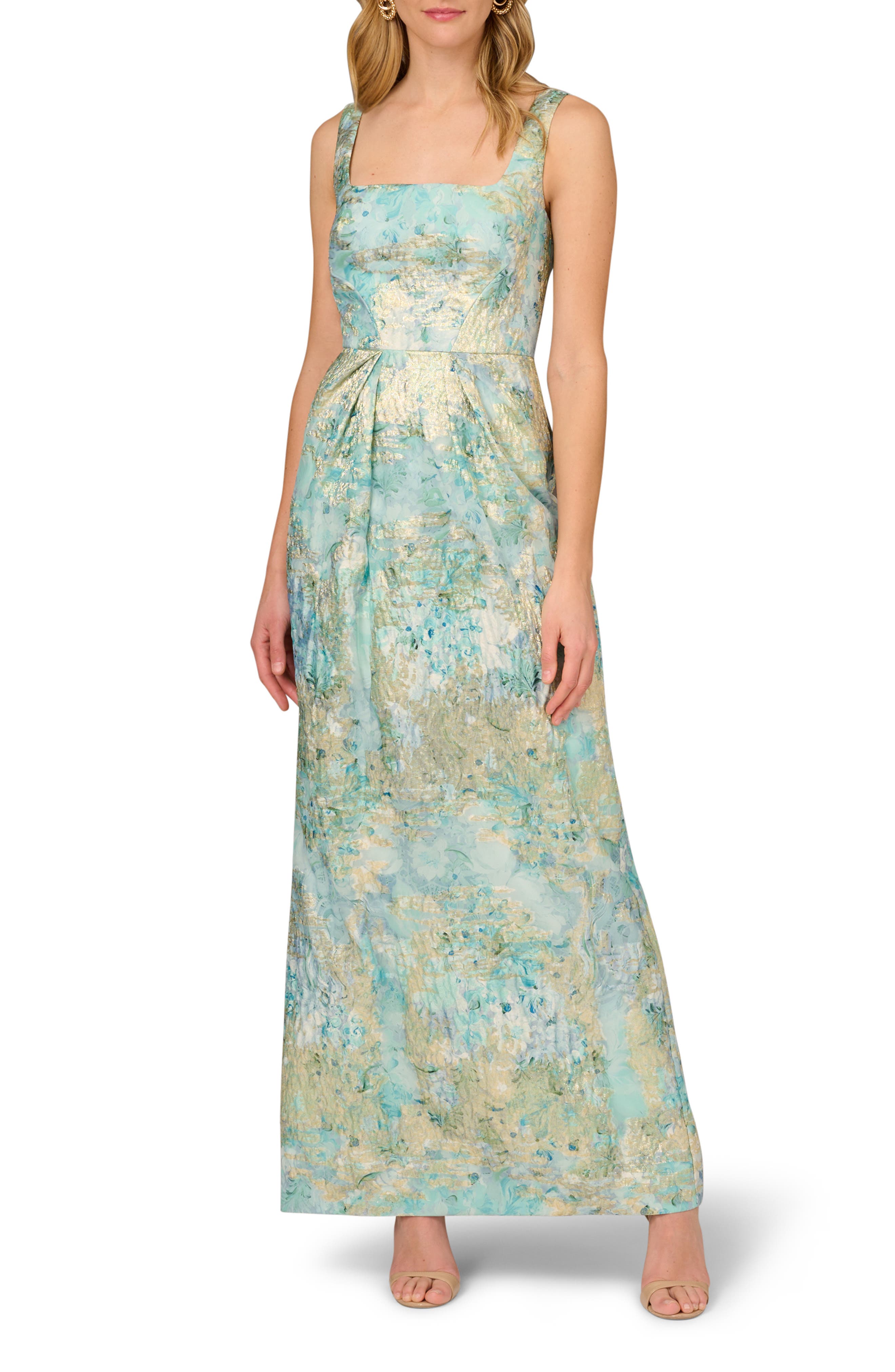 Aidan Mattox by Adrianna Papell Floral Metallic Jacquard Column Gown in  Green Multi | Smart Closet