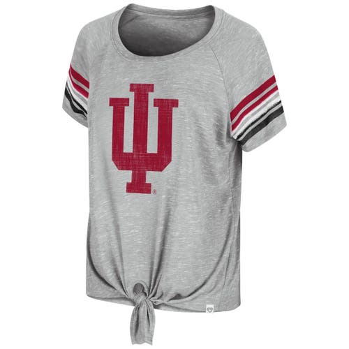 Women's Colosseum Heathered Gray Indiana Hoosiers Boo You Raglan Knotted T-Shirt in Heather Gray