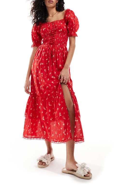 Shop Miss Selfridge Floral Tiered Cotton Dress In Red