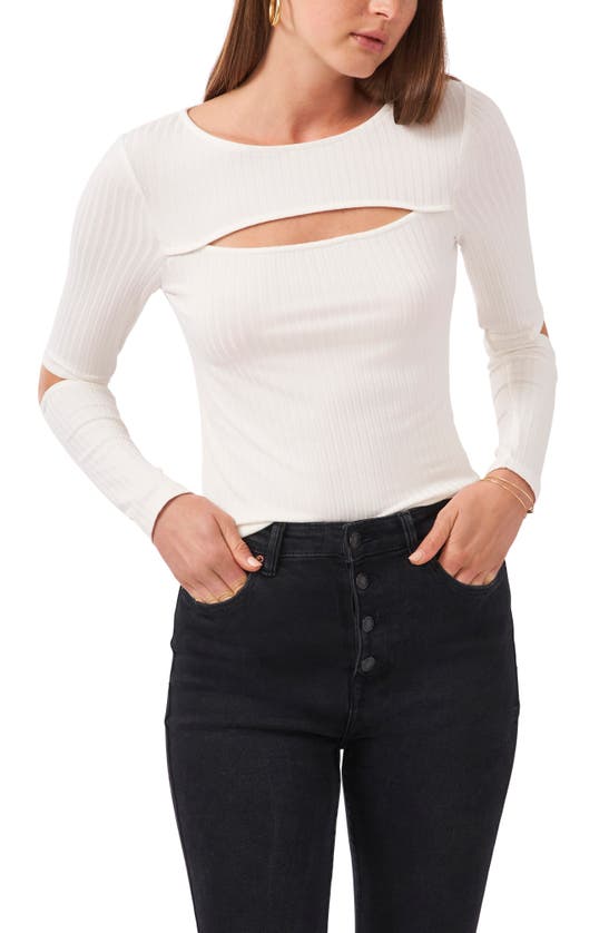 1.state Long Sleeve Cropped Crewneck With Cut-outs In Soft Ecru