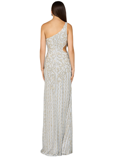 Shop Lara New York One-shoulder Beaded Gown With Slit In Silver