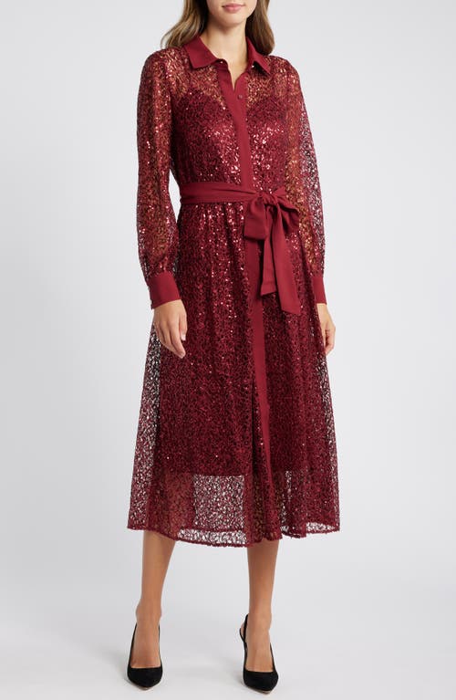 Anne Klein Long Sleeve Sequin Lace Shirtdress in Cabernet Noir 