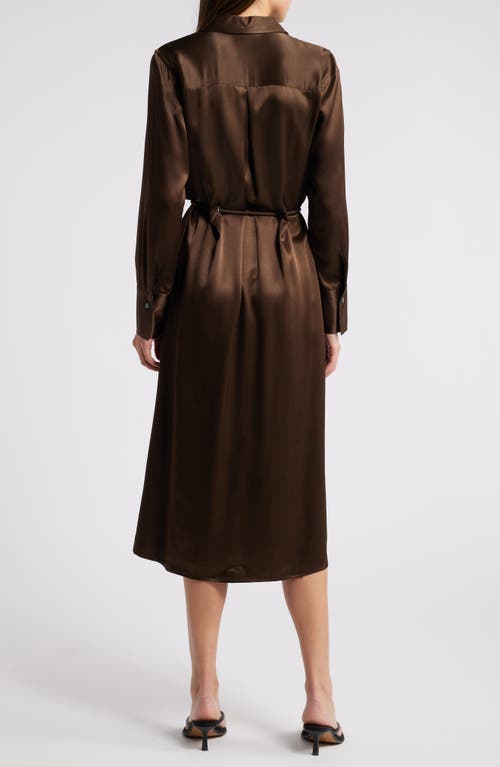 Rails Anina Tie Waist Long Sleeve Satin Midi Shirtdress In Dark Moss