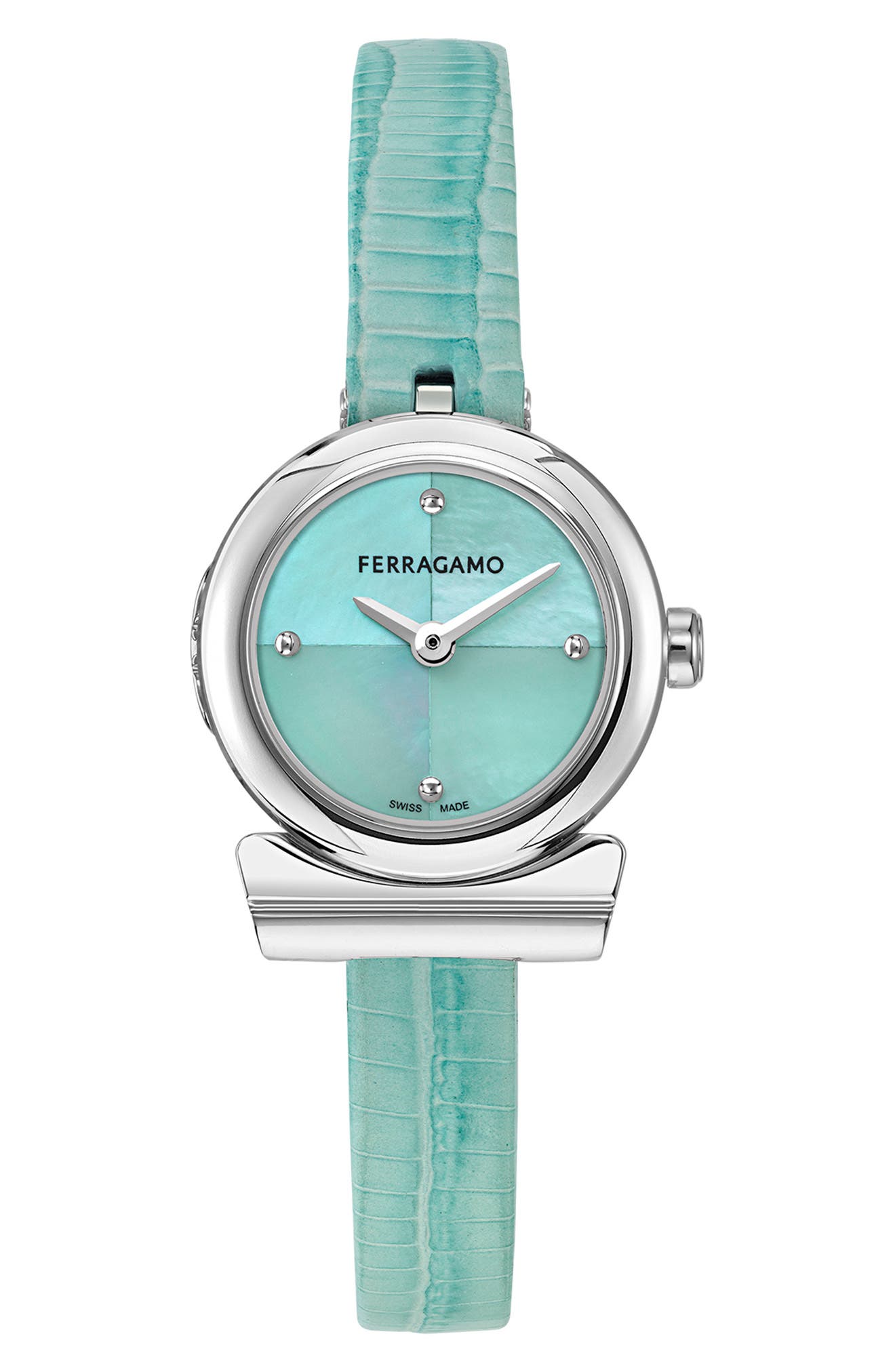 FERRAGAMO Gancini Leather Strap Watch, 22.5mm in Aqua/Stainless Steel Cover