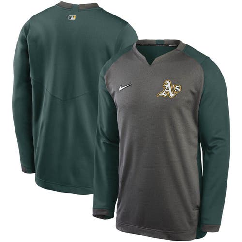 Men's Nike Charcoal/Green Oakland Athletics Authentic Collection Thermal Crew Performance Pullover Sweatshirt