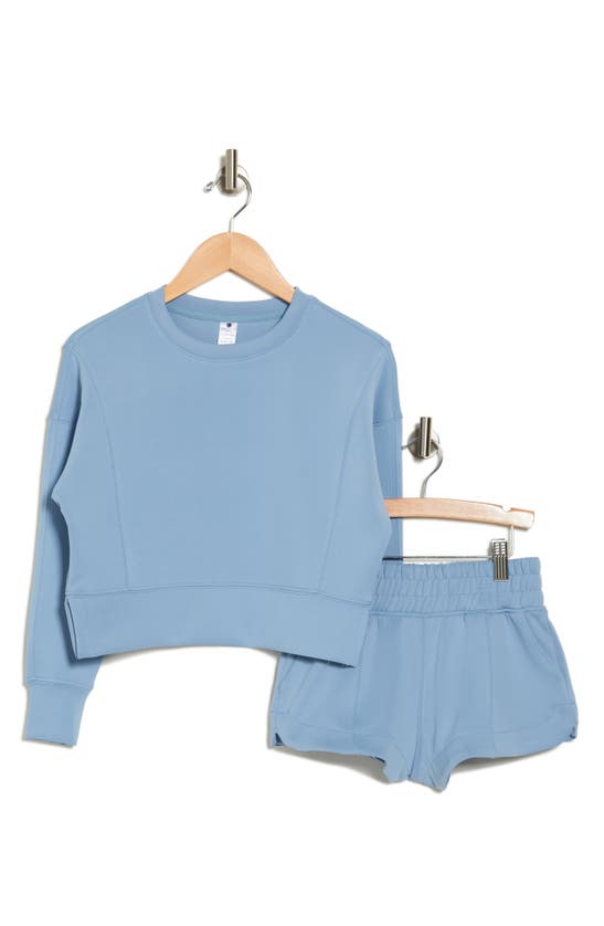 Shop Yogalicious Zuri Crop Pullover Sweater & Shorts Lounge Set In Faded Denim