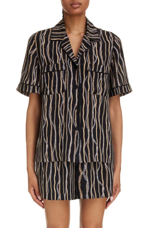 Chloé Chain Print Piped Silk Camp Shirt in Black at Nordstrom, Size 10 Us