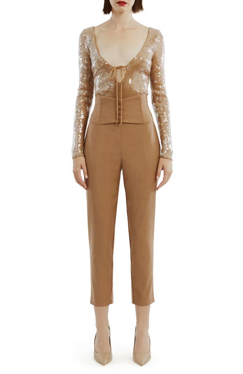 Shop Bardot Verona Sequin Long Sleeve Bodysuit In Beige