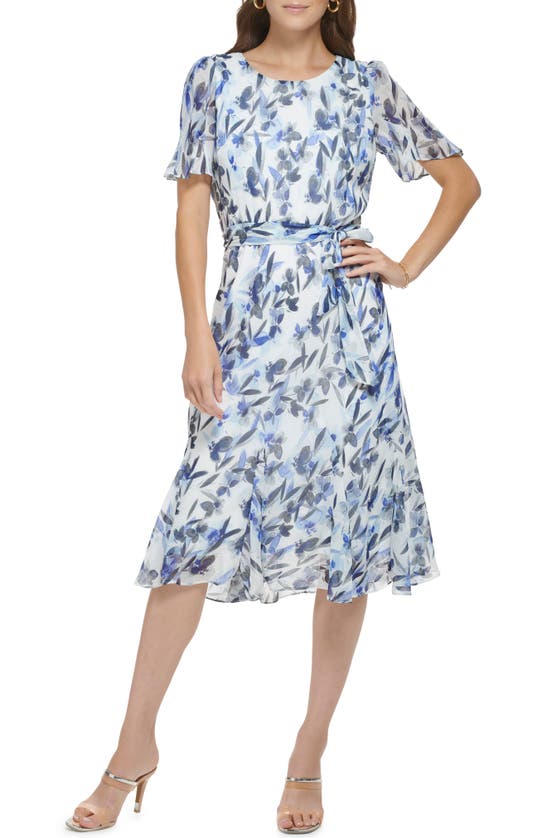 Dkny Floral Flutter Sleeve Midi Dress In Cream/ Iris Multi | ModeSens