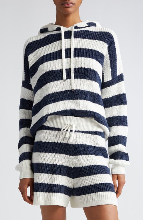 Eleventy Stripe Cotton & Linen Blend Sweater Hoodie White And Navy at Nordstrom,