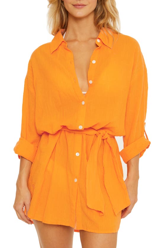 Becca Long Sleeve Tie Waist Cotton Shirtdress In Orange Burst