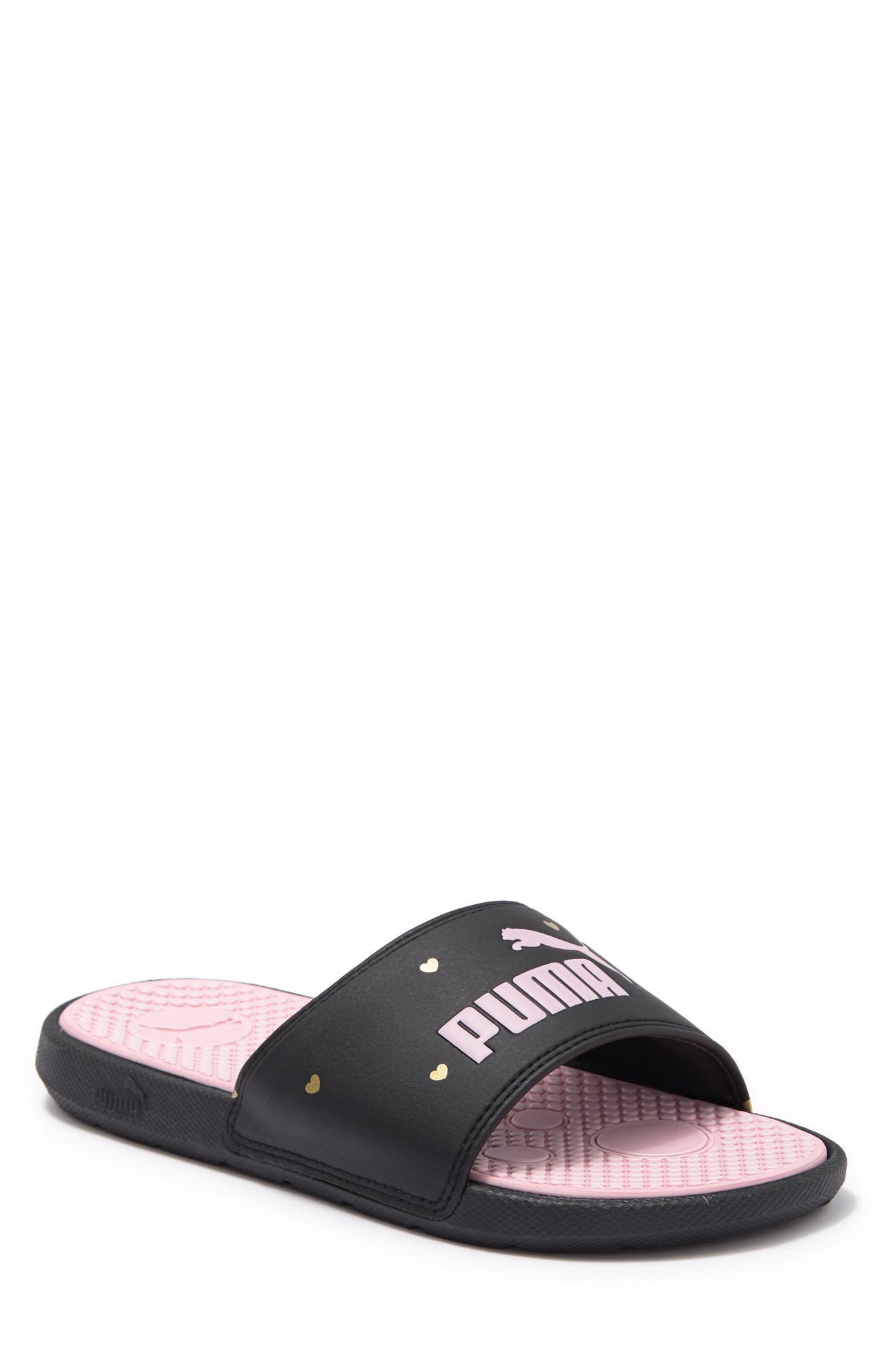 pink and black puma slides