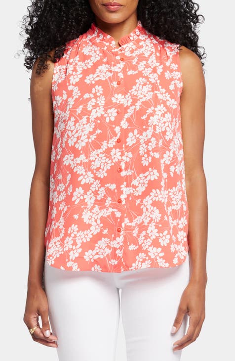 Print Ruffle Neck Sleeveless Top