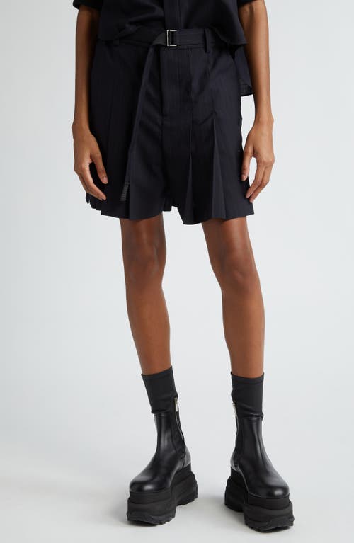 Sacai Pinstripe Belted Pleated Shorts Navy at Nordstrom,