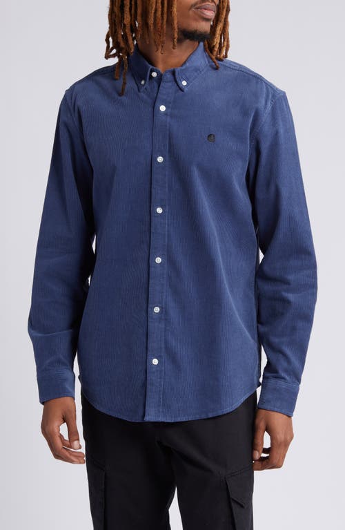 Carhartt Work In Progress Madison Cotton Corduroy Button-down Shirt In Hudson Blue/black