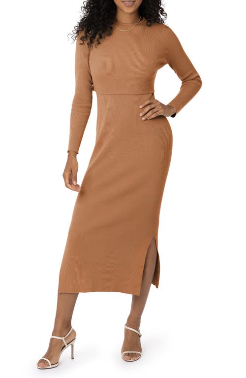 Kindred Bravely Long Sleeve Nursing/maternity Rib Two-piece Sweater Dress In Brown Camel