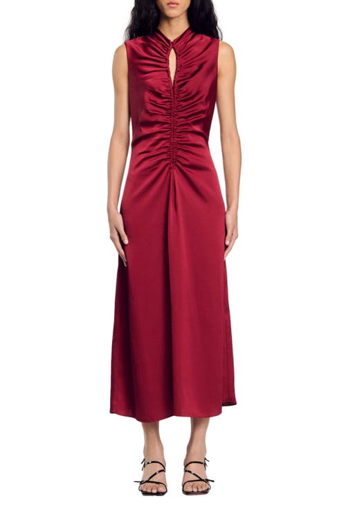 Sandro Ruched Sleeveless Midi Dress In Bordeaux