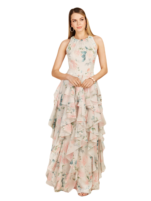 Lara New York High Neck, Ruffled Skirt Printed Dress In Whiterose