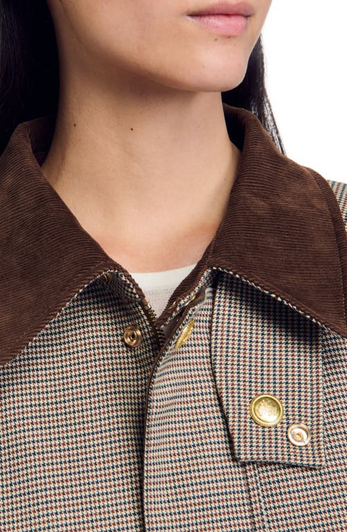 Sandro Check Coat With Velvet Collar In Brown