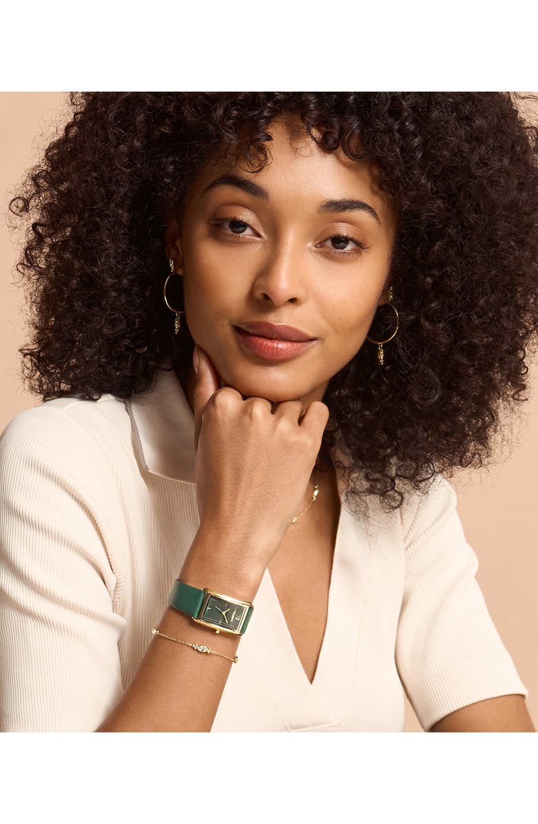 Olivia Burton Grove Rectangular Leather Strap Watch, 23mm, Alternate, color, Forest Green