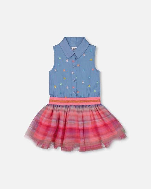 Deux Par Deux Girl's Chambray And Tulle Rainbow Mesh Dress at Nordstrom