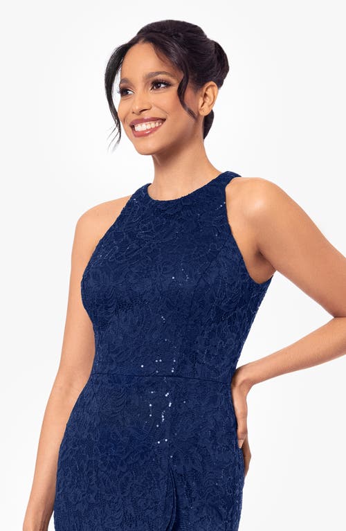 Betsy & Adam Women's Sequined Lace Ruffle-hem Gown In Navy