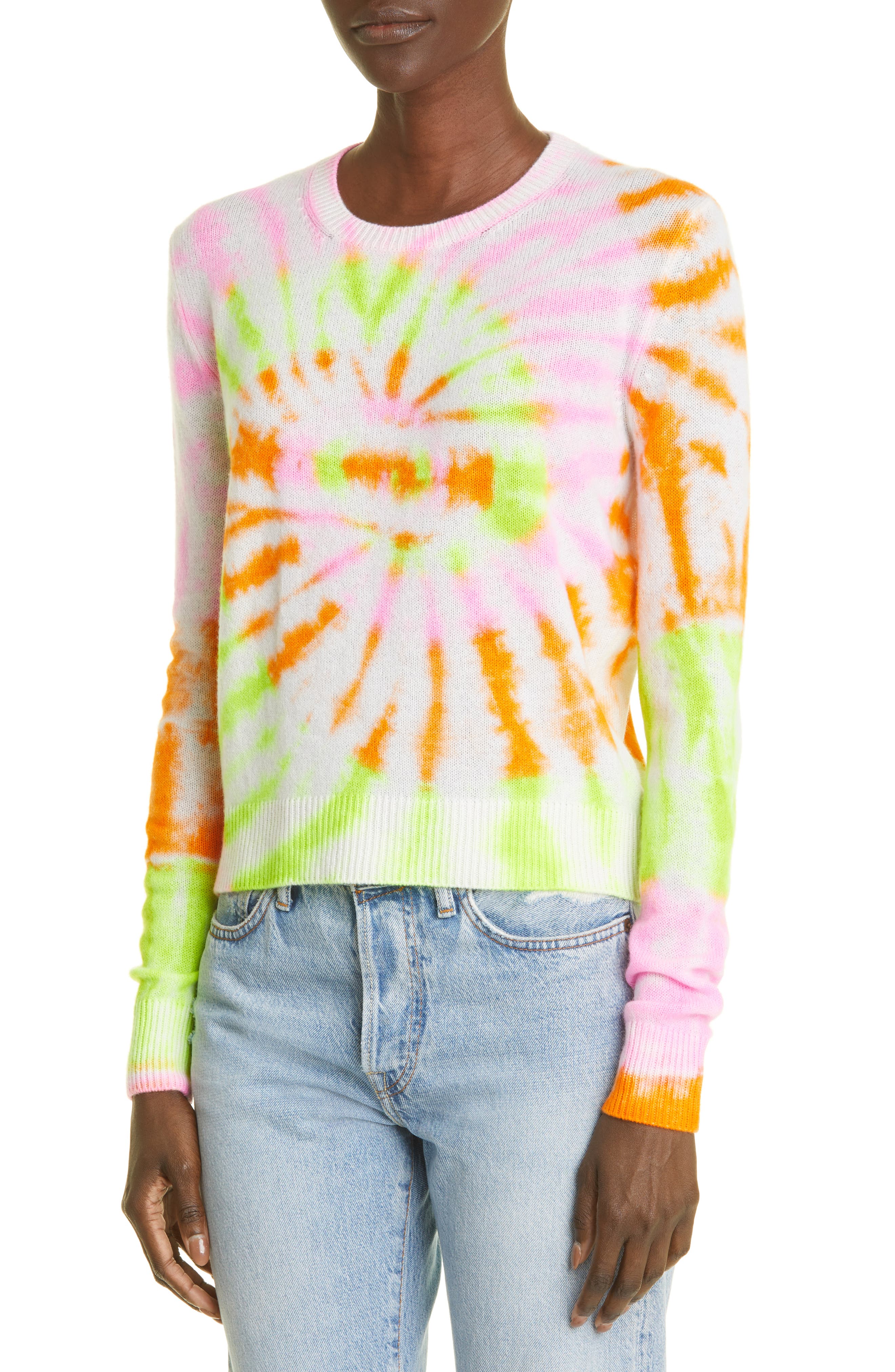 The Elder Statesman Spiral Tranquility Tie Dye Cashmere Sweater in White w/Rosette