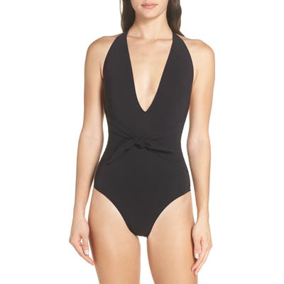 Tory Burch Tie Front Halter One-Piece Swimsuit, Black