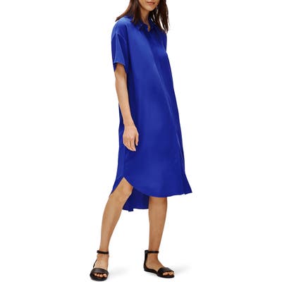 Petite Eileen Fisher Classic Collar Silk Shirtdress, Blue