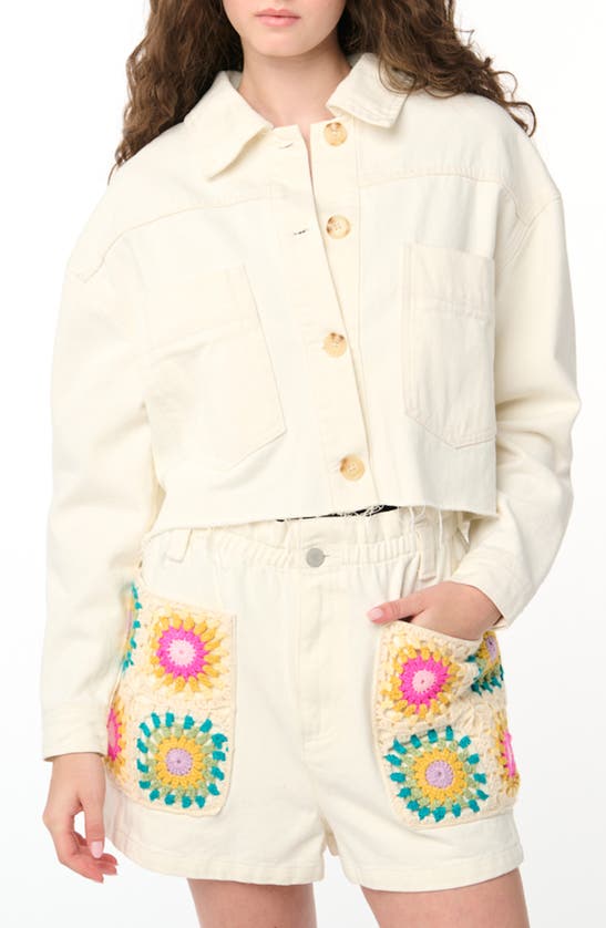 Shop Blanknyc Crochet Appliqué Crop Denim Jacket In Downtime