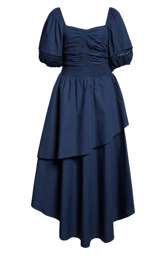 Shop Ramy Brook Persephone Puff Sleeve Cotton Midi Dress In Spring Navy