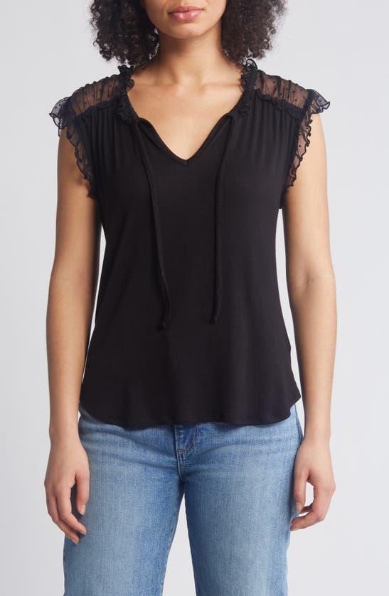 Shop Loveappella Point D'esprit Ruffle Knit Top In Black