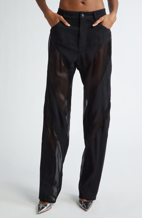 Mugler High Waist Sheer Detail Tapered Leg Pants In Black/black