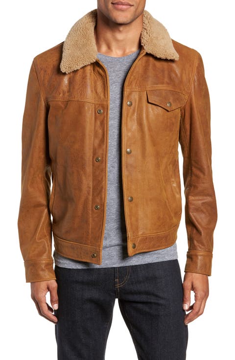 Leather Trucker Jacket with Genuine Sheepskin Collar