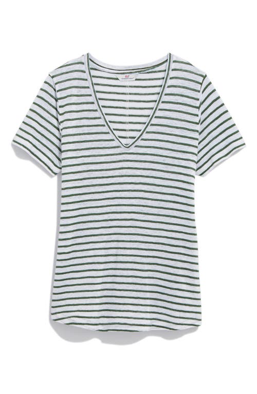 V-Neck Linen T-Shirt in Dv Stripe - Cypress