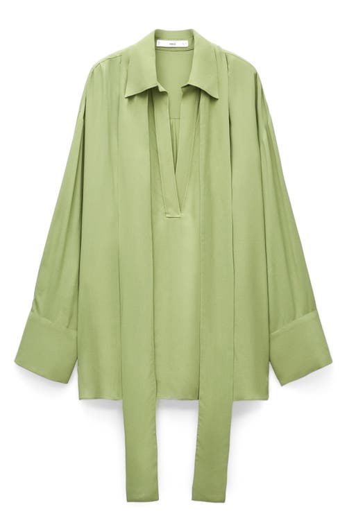 Mango Tie Neck Chiffon Top In Khaki Green