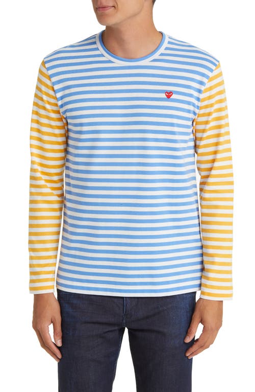 Comme Des Garçons Play Small Heart Stripe Colorblock Long Sleeve T-shirt In Blue/yellow