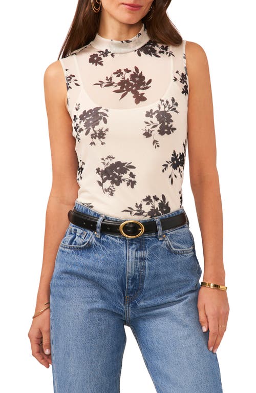 Vince Camuto Floral Print Mock Neck Sleeveless Top Soft Cream at Nordstrom,