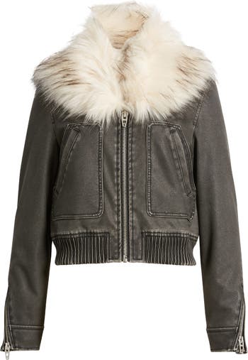 Faux Fur Collar Faux Leather Bomber Jacket