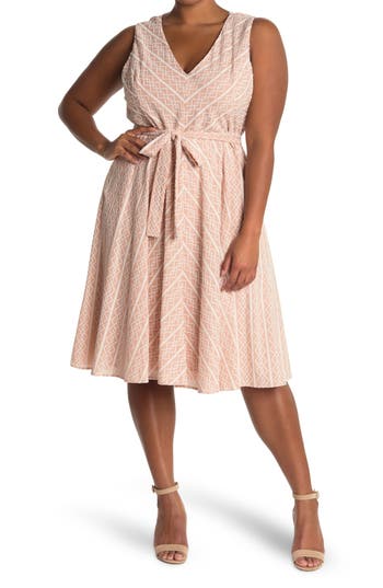 Shop Tommy Hilfiger Diamond Pattern Cotton Fit & Flare Dress In Bermuda Pink/ivory